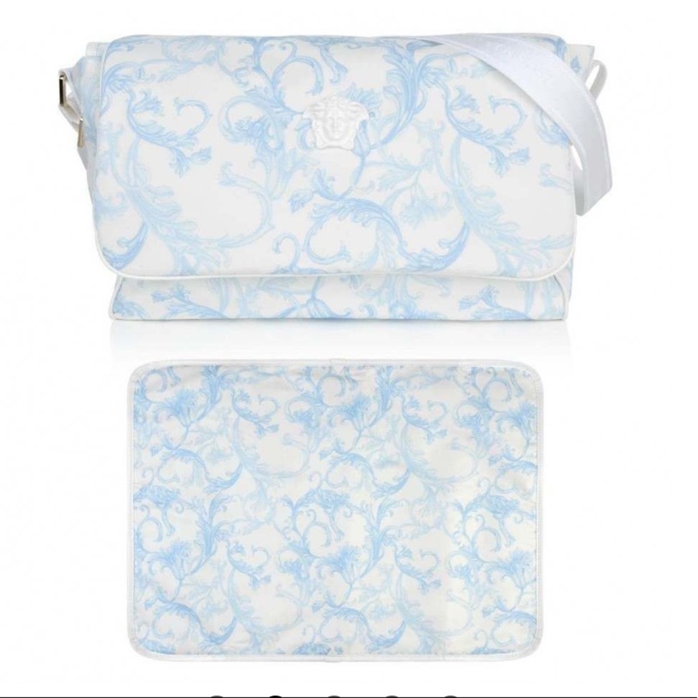 Versace White and Light Blue Barocco Print Baby Bag